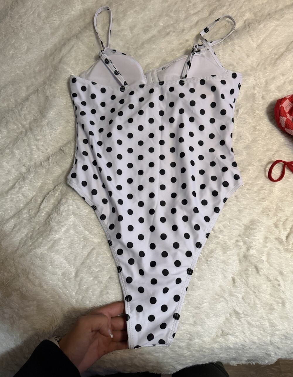 Women’s White/Black Polka Dot One-Piece Swimsuit Spaghetti Tie S